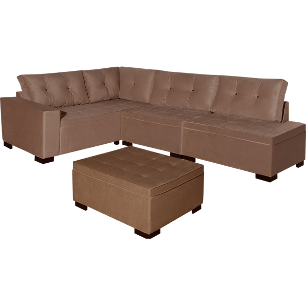 Sofá de Canto 3 e 2 Lugares Com Puff, Madeira MDF, Tecido D23, Com Cheise - Bom Pastor Sofitel Marrom