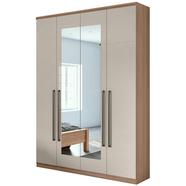 Guarda-roupa em MDF, Com Espelho, 04 Portas, 02 gavetas, 02 Prateleiras - Alonzo New Carvalho Naturale / Off White