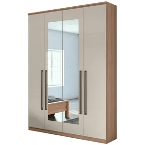 Guarda-roupa em MDF, Com Espelho, 04 Portas, 02 gavetas, 02 Prateleiras - Alonzo New Carvalho Naturale / Off White