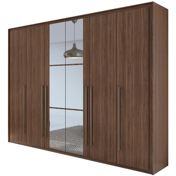 Guarda-roupa em MDF, Com Espelho, 6 Portas, 6 Gavetas - Reali New Imbuia Naturale
