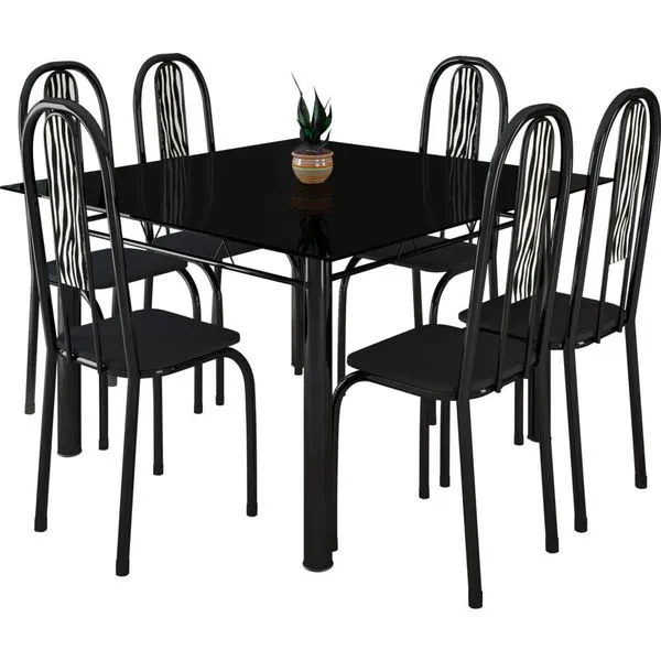 Mesa de Jantar 6 Cadeiras com Tampo de Vidro - Metalplus Araguaia Zebra / Preto