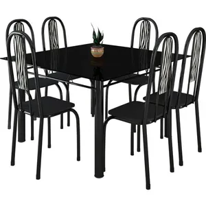 Mesa de Jantar 6 Cadeiras com Tampo de Vidro - Metalplus Araguaia Zebra / Preto