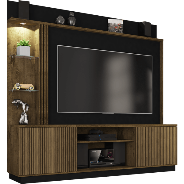 Estante em MDP Para Tv Ate 65'', Com LED, 4 Prateleiras, 2 Portas - Home Theater Atlanta Madeira Rústica/Preto Fosco/Ripado