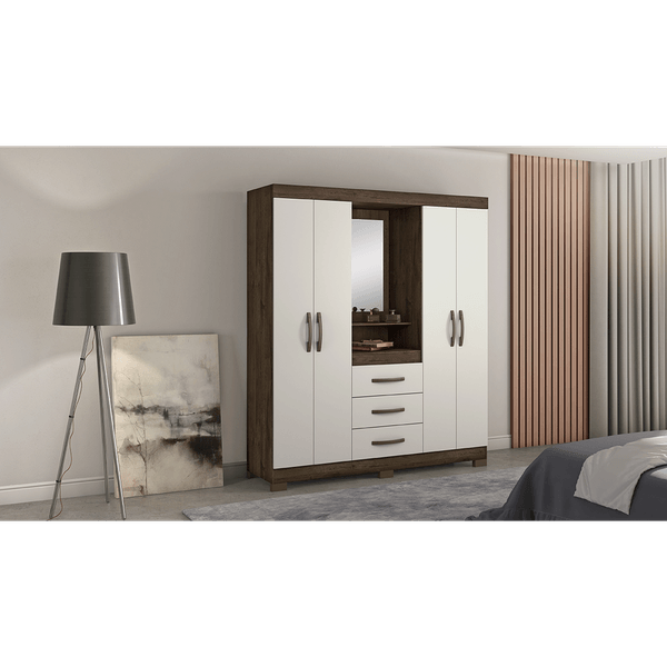 Guarda-roupa em MDP, 4 Portas, 3 Gavetas, 5 Prateleiras, 6 Pés - NT5015 Café / Off-White