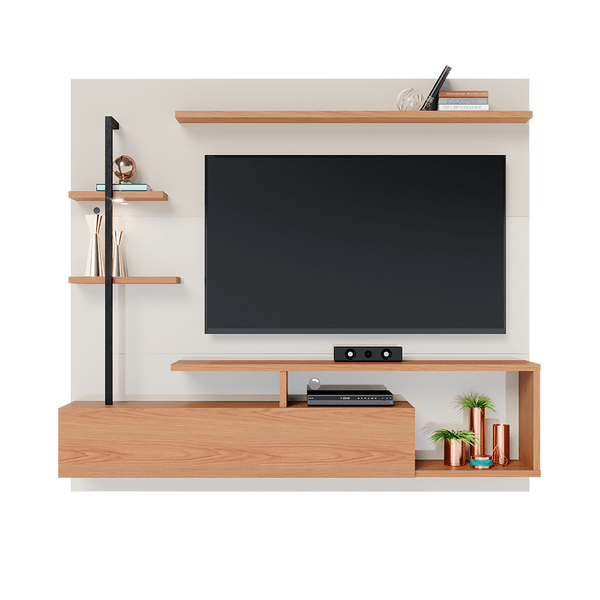 Painel Home Suspenso para TV de até 55'', 1 Porta, Luminária LED - Maragogi Off White / Freijó