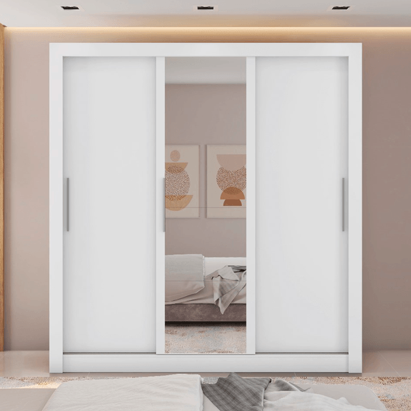 Guarda-Roupa Casal Santiago em MDP 3 Portas 2 Gavetas com Pés com Espelho Branco