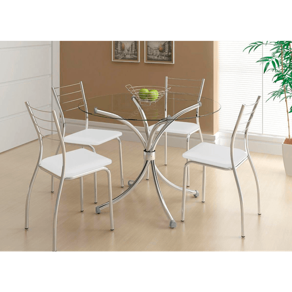 Mesa de Jantar com 4 Cadeiras, Tampo em Vidro, Tecido Napa - Carraro Verona Cromado / Branco