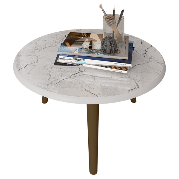 Mesa de Centro Redonda Retrô em MDF, Pintura UV, Pés Pinus - Brilhante Branco / Carrara