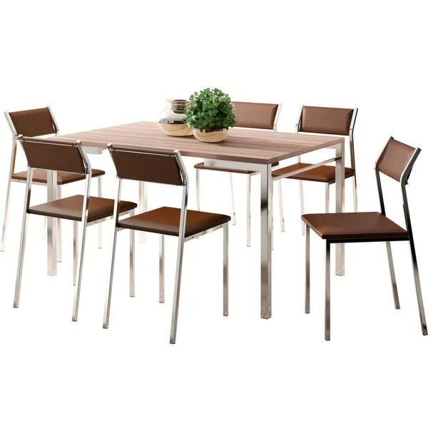 Mesa de Jantar 6 Cadeiras, Tecido Napa - Carraro 1526 / 1709 Nogueira / Cacau