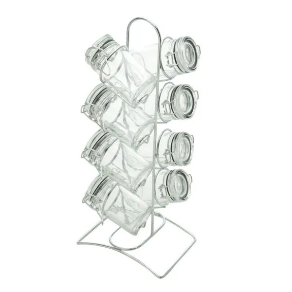 Porta Temperos 8 Peças De Vidro Com Tampa Hermética E Suporte De Metal Cromado Lyor