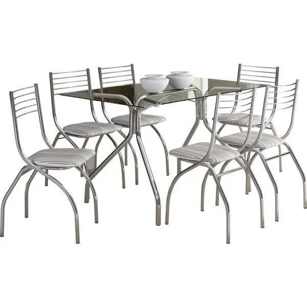 Mesa de Jantar 6 Cadeiras com Tampo de Vidro - Carraro 387 / 146 Listrado Cinza