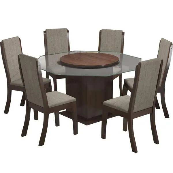 Mesa de Jantar 6 Cadeiras com Tampo Giratório - Viero Móveis Big Oitavada Tabaco / Caqui
