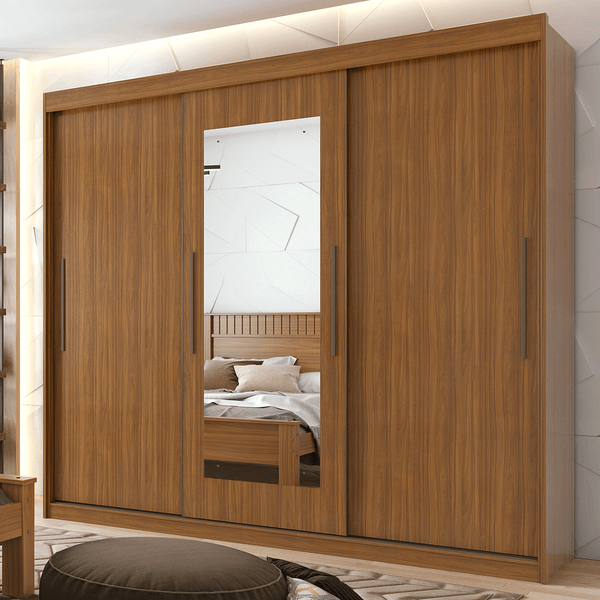 Guarda-roupa, Com Espelho, 03 Portas, 03 gavetas, 03 Prateleiras - Aquárius Rovere Naturale / Off White