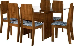 Mesa de Jantar 7 Peças com Tampo em Vidro - RV Móveis Esmeralda Imbuia / Floral