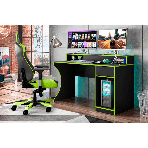 Mesa Gamer para Computador em MDP/MDF, Com Nicho, 1 Gaveta - Safira Preto / Verde