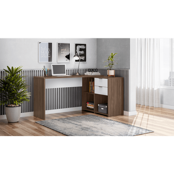 Mesa para Computador Office, MDP, 2 Gavetas, 1 Prateleira, 6 Pés - NT2060 Nogal / Branco