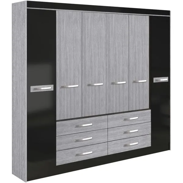 Guarda-roupa 6 Portas 6 Gavetas 8 Pés - Moval San Diego Cinza / Preto