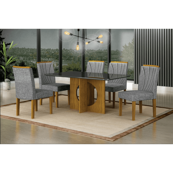 Mesa de Jantar Lorena MDF com 6 Cadeiras Estofadas e Tampo de Vidro Serigrafado Freijó/Chumbo