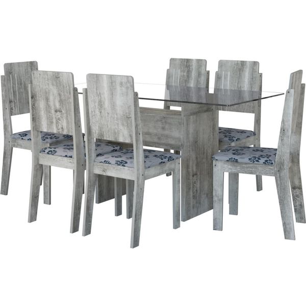 Mesa de Jantar 7 Peças com Tampo em Vidro - RV Móveis Esmeralda Carvalho / Floral