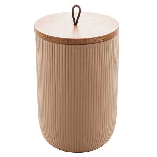 Potiche Decorativo Lyor, Com Tampa de Bambu, Pegador de Cordas Lines, 10x12,5cm, Cerâmica, Bege - 8673