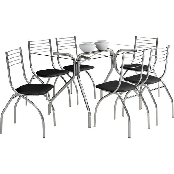 Mesa de Jantar 6 Cadeiras com Tampo de Vidro - Carraro 387 / 146 Preto