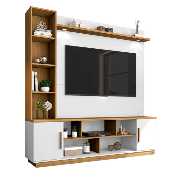 Estante Home para TV até 60'', MDP/MDF, 02 Portas, 05 Prateleiras, com LED - Prestige Branco / Cinamomo