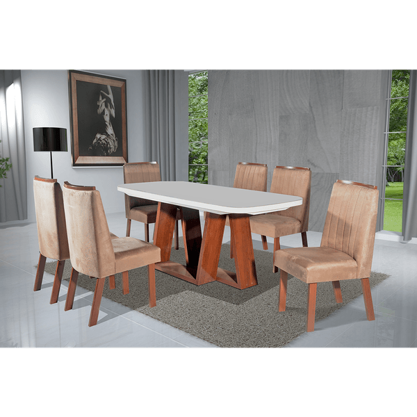 Mesa de Jantar Laura com 6 Cadeiras em MDF Tampo com Vidro Bom Pastor Amêndoa / Off White / Bege