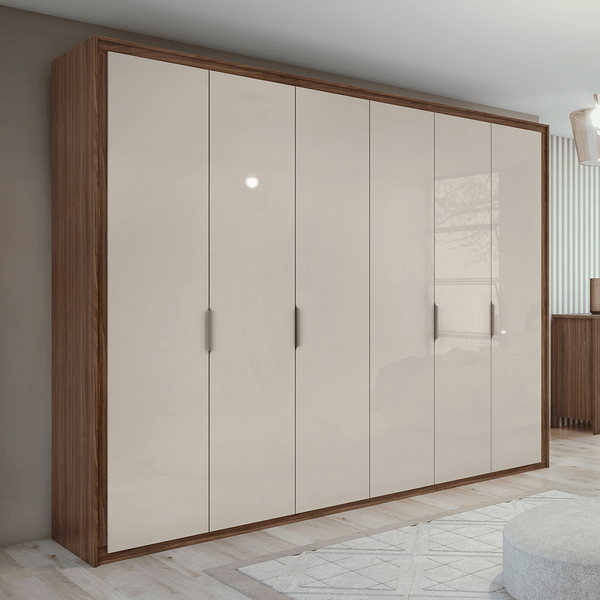 Guarda-roupa em MDF, 6 Portas, 6 Gavetas, Com Puxador - Stillus Imbuia Naturale / Off White