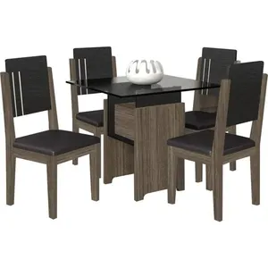 Mesa de Jantar 5 Peças com Tampo em Vidro - RV Móveis Esmeralda Teka / Preto