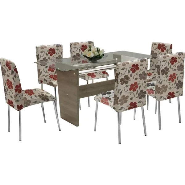 Mesa de Jantar 6 Cadeiras com Tampo de Vidro - Somopar Téia Âmbar