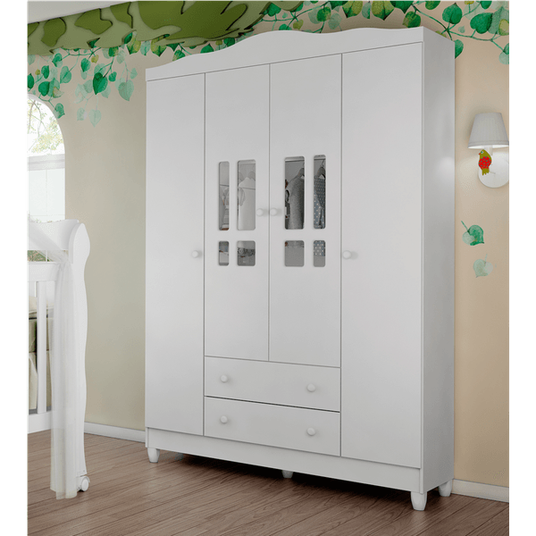 Guarda-roupa 4 Portas, 2 Gavetas, 3 Prateleiras, MDF - Carolina Móveis Ariel Branco Brilho