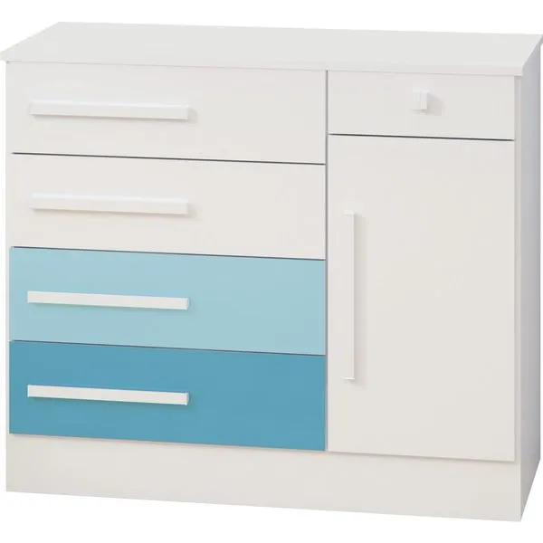 Cômoda Sapateira 5 Gavetas 1 Porta - Santos Andirá Teen LOL Branco / Petróleo / Turquesa