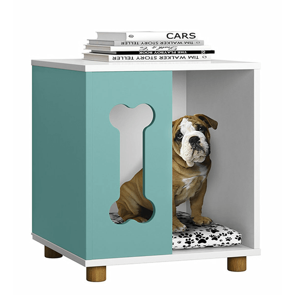 Mesa Lateral em MDP/MDF, Pés Madeira, Pintura UV - Pet Golden Branco/ Turquesa