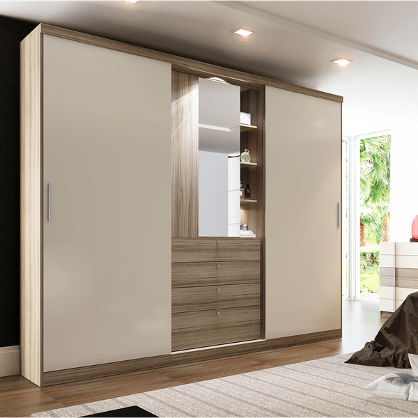 Guarda-roupa em MDP 3 Portas, 4 Gavetas, Espelho com Luz - Carraro Zeus Anis / Camurça