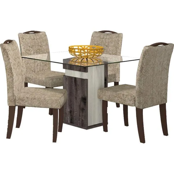 Mesa de Jantar DJ Móveis Napoli 4 Cadeiras, Vidro 100 Belfort Oak / Blanc Madére