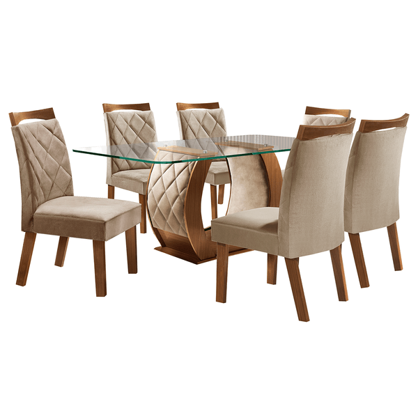 Mesa de Jantar em MDF, 6 Cadeiras, 170x90cm - Lj Móveis Fênix Castanho Prêmio / Areia