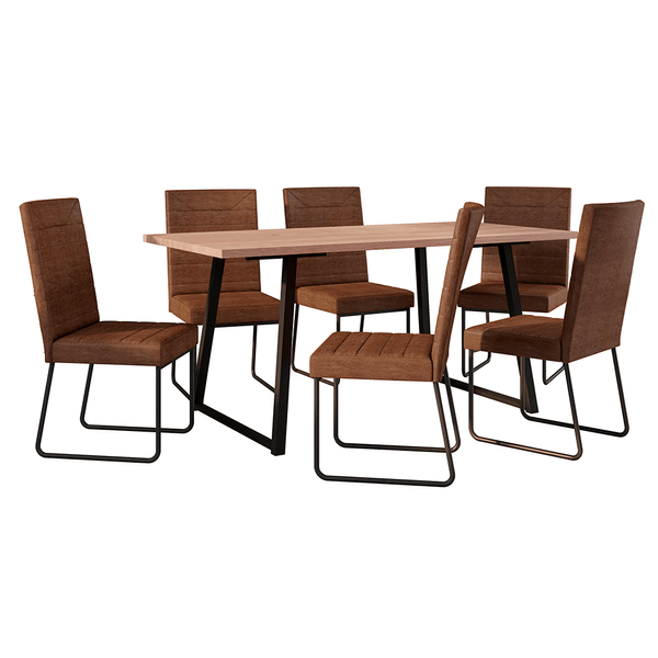 Mesa de Jantar com 6 Cadeiras Olimpia, Aço Carbono, Tampo MDP - Atlanta Preto Fosco / Marrom