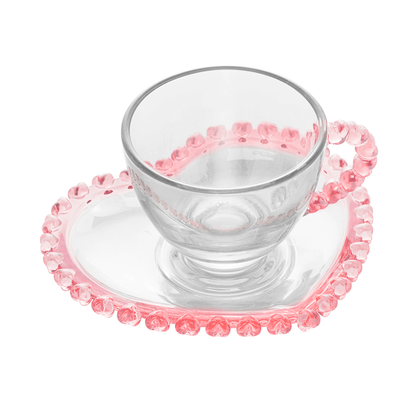 Xicara de Chá com Pires Coração Lyor, Cristal, 80ML, Bordas Rosa - 1682