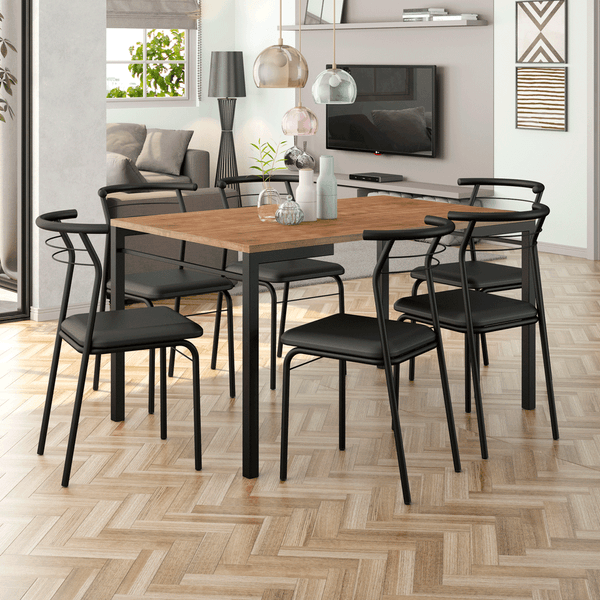 Conjunto Sala, Mesa em Aço, 6 Cadeiras, 77 x 136 cm - Pequim 1526/1708 Native/Preto