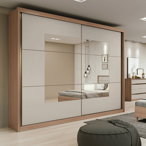 Guarda-roupa em MDF, 2 Portas, 6 Gavetas, Com Espelho - Toronto Plus Carvalho Naturale / Off White