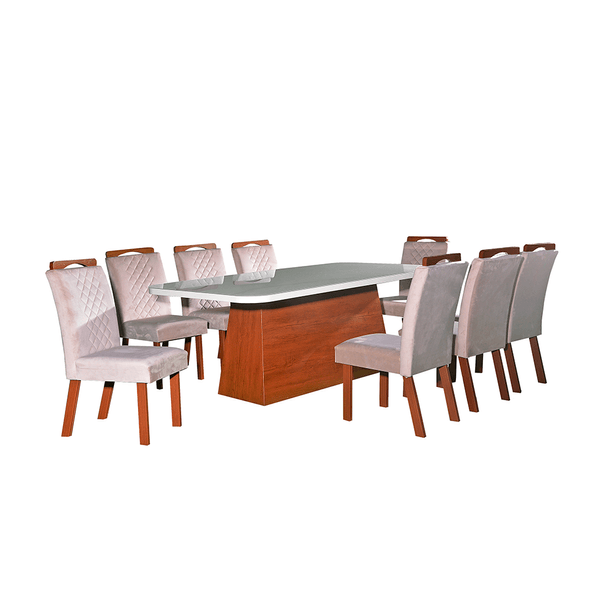 Mesa de Jantar Vivi com 8 Cadeiras em MDF Tampo com Vidro Off White / Amendoa