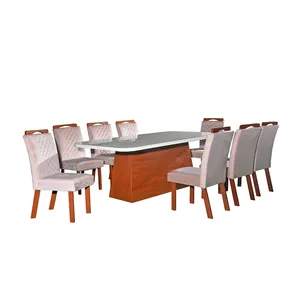 Mesa de Jantar Vivi com 8 Cadeiras em MDF Tampo com Vidro Off White / Amendoa