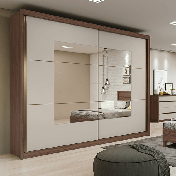 Guarda-roupa em MDF, 2 Portas, 6 Gavetas, Com Espelho - Toronto Plus Imbuia Naturale / Off White