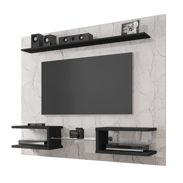 Painel para TV até 55'', 2 Nichos, 6 Prateleiras, MDP - Atlas Carrara / Preto Fosco