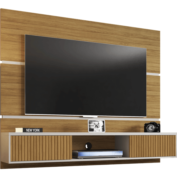 Painel para TV até 65'', MDP, 2 Portas - Âmbar Cinamomo/Off-White/Ripado