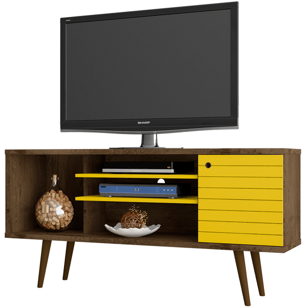 Rack Para TV 55'' em MDP e MDF, 1 Porta, 5 Nichos - Safira Madeira Rústica/Amarelo