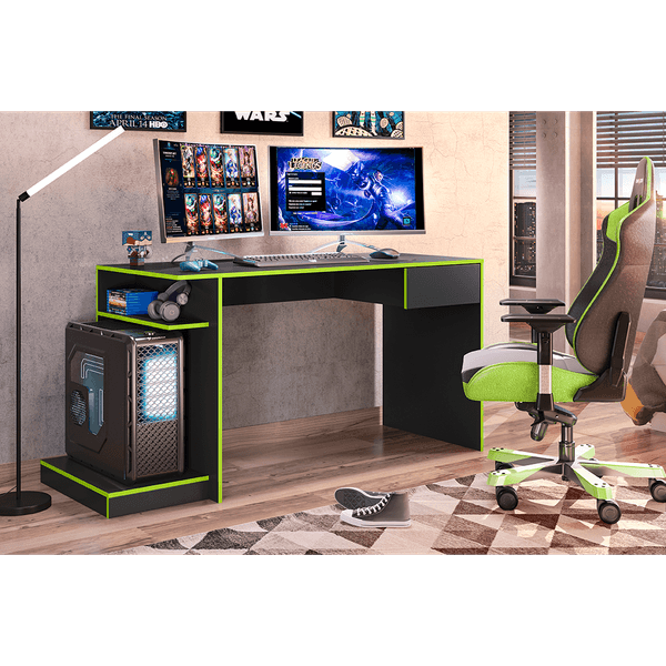 Mesa Gamer para Computador em MDP, 1 Porta, 1 Gaveta, 1 Prateleira - Rubi Preto / Verde