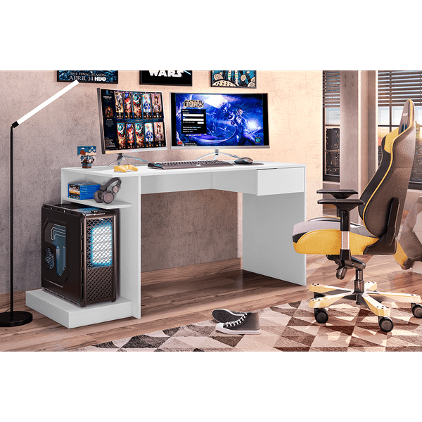 Mesa Gamer para Computador em MDP, 1 Porta, 1 Gaveta, 1 Prateleira - Rubi Branco