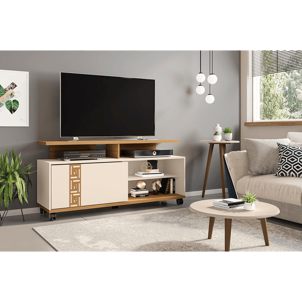 Rack em MDP para TV até 52'', 1 Porta, 1 Prateleira, 5 Rodízios - Topázio Cinamomo / Off White