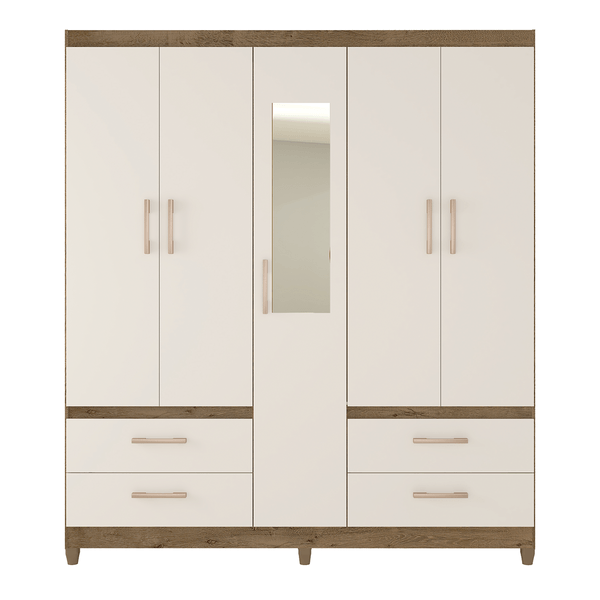 Guarda-Roupa Casal Conveniente em MDP 5 Portas 4 Gavetas com Espelho Tabaco / Off White